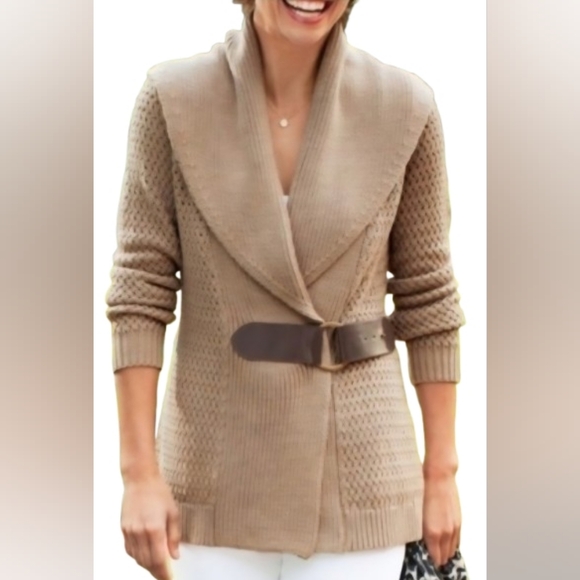 Soft Surroundings Sweaters - Soft Surroundings Tan Shawl Collar Cardigan Faux Leather Front Belt Size L Warm